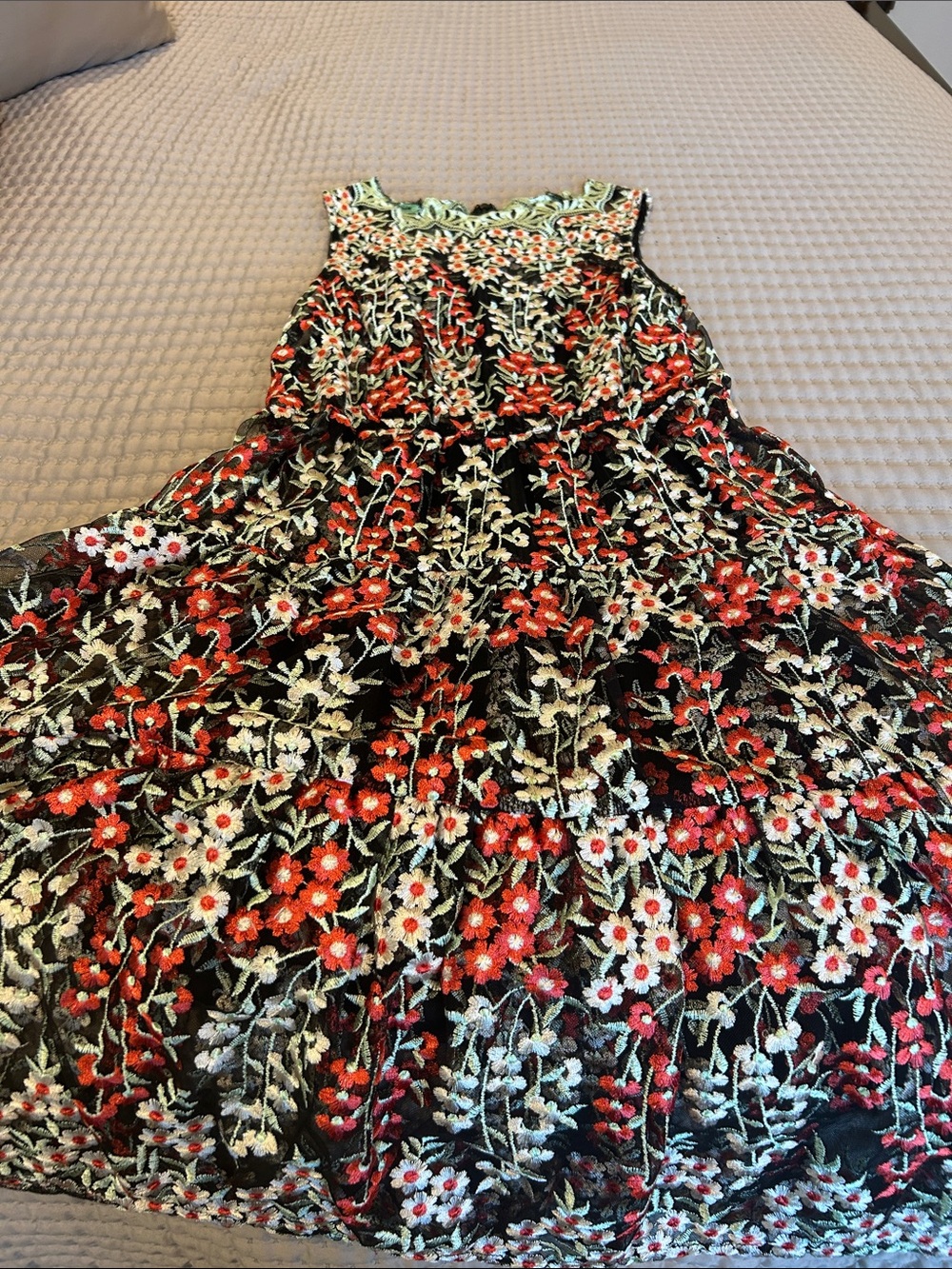 Floral Embroidered Black Maxi Skirt with Red & White Blooms